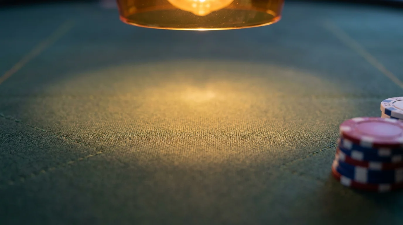 Close-up of a green casino felt table under warm overhead light with neatly stacked chips at the edge
