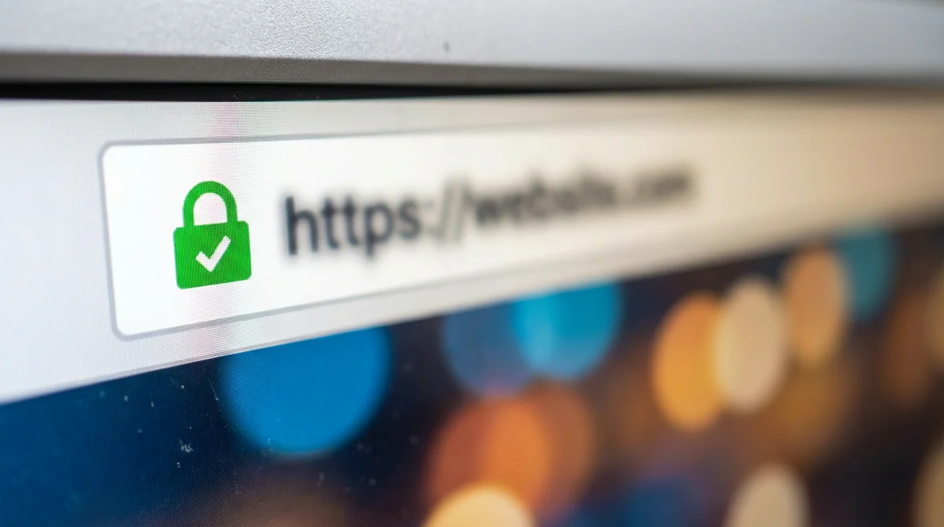 Close-up of a browser address bar showing a padlock icon on a secure website, shallow depth of field