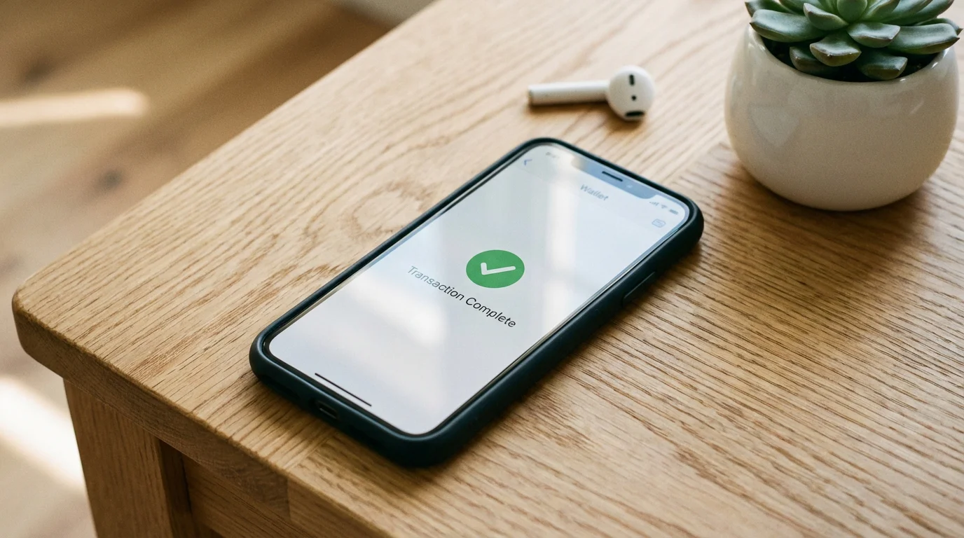 Smartphone on a wooden surface showing a digital wallet app with a confirmed transaction notification