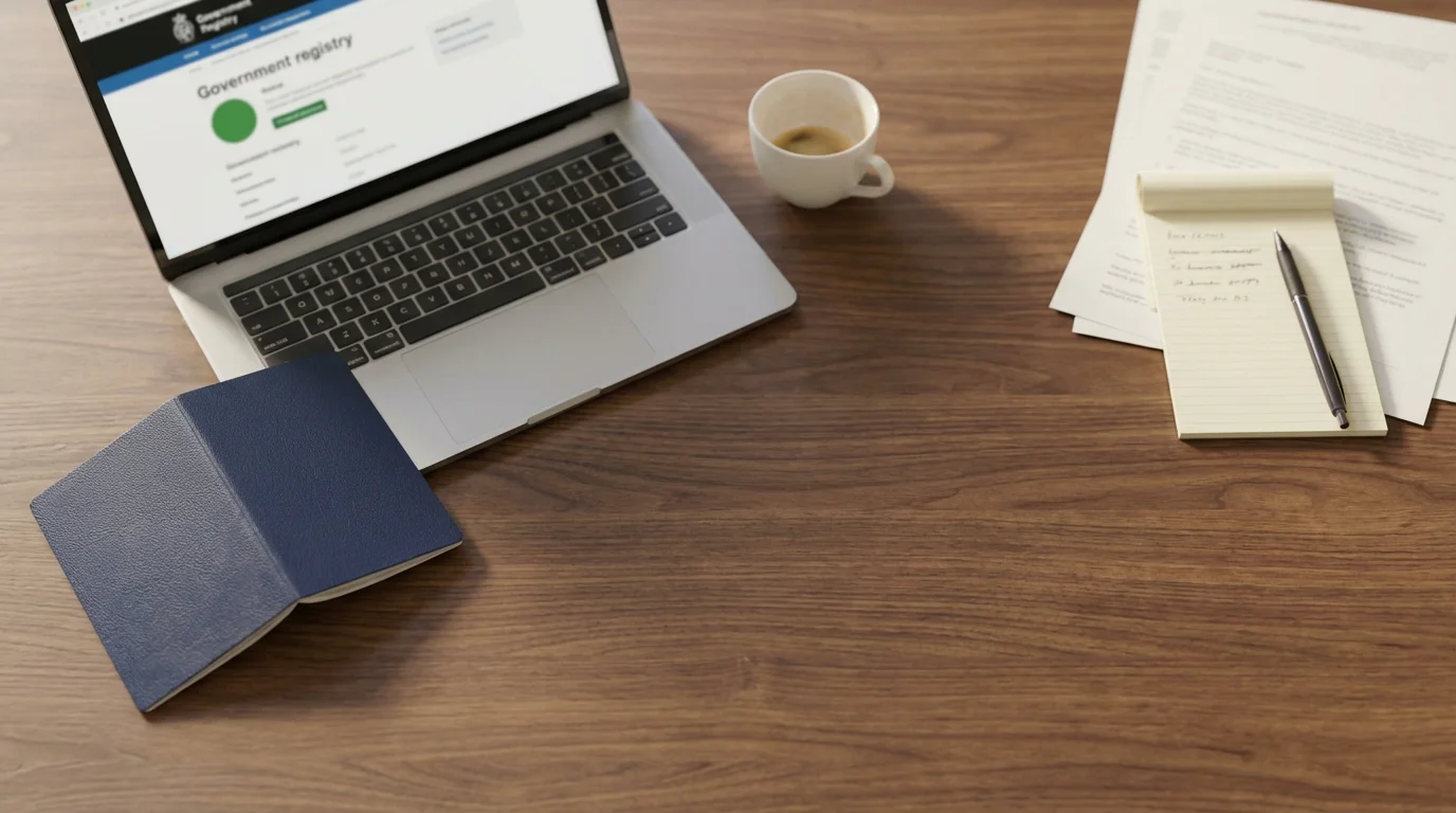 Wooden desk with open passport, laptop showing a government licensing website, and a cup of coffee