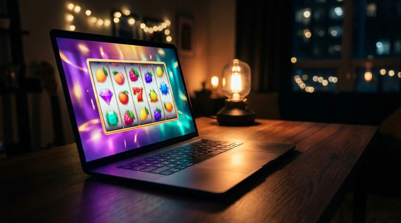 Laptop screen displaying colourful slot game reels in a dimly lit room with ambient desk lighting