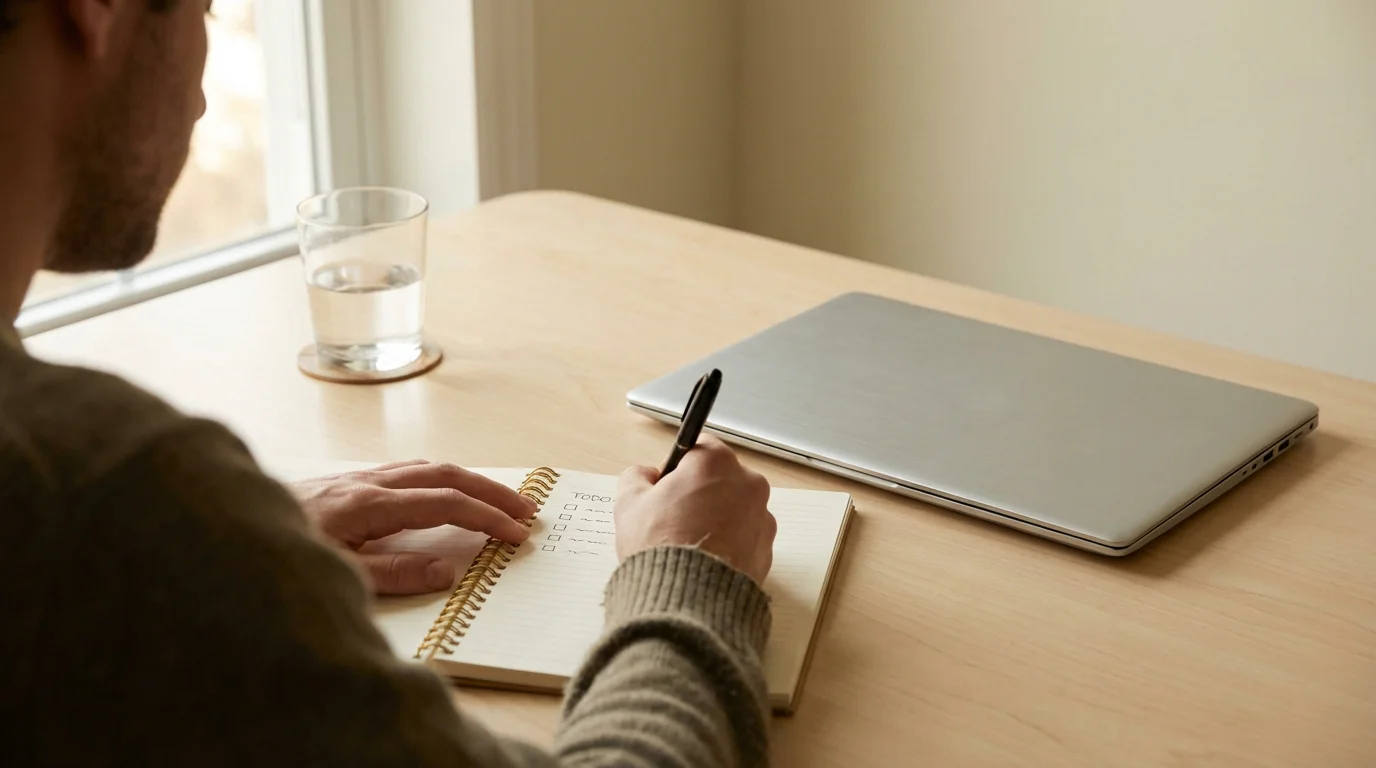 Person sitting at a clean desk writing in a notebook with a pen, laptop closed beside them